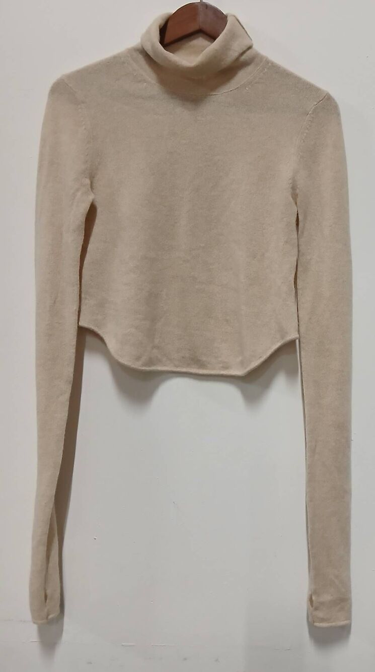 Elsa womens medium cropped sweater beige 100% cashmere turtleneck lightweight